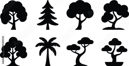 Tree silhouette vector set with pine, palm, bonsai, and deciduous tree for natural and landscape design