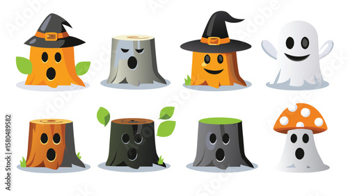 Collection of halloween themed tree stumps and a ghost with various facial expressions shown