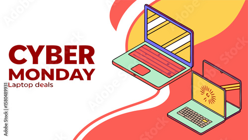 Cyber monday laptop deals promotion with two laptops and red and yellow background design element promotion