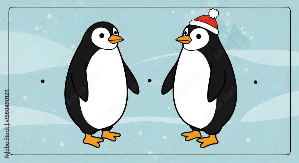 Obraz premium Two Playful Penguins Celebrating Winter with Festive Red Hat in a Bright Arctic Landscape