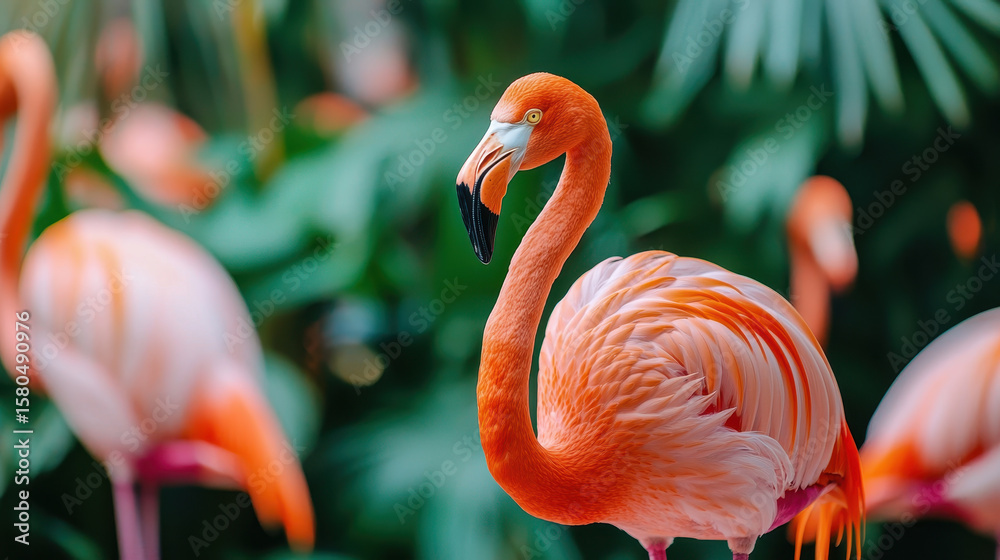 Fototapeta premium Vibrant flamingo stands gracefully amidst lush greenery, showcasing its stunning pink feathers and elegant posture. scene evokes sense of tropical