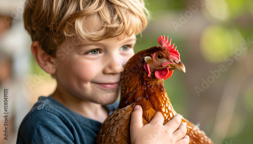 Happy Child Holding a Brown Hen Outdoors