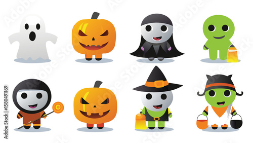 Cartoon halloween characters including ghost pumpkin witch and monster on white background image view