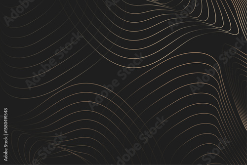 Stylish gold wavy lines abstract design. Gold banner template. Minimal background. Optical art design. Smooth flowing dynamic gold lines. Concept of technology, digital, communication, science, music.