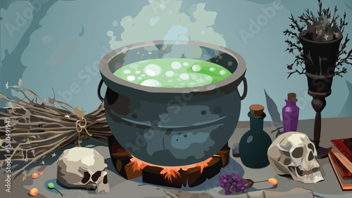 Still life of a witch's cauldron with bubbling potion on a fire with skulls and potion bottles around it