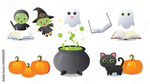 Cartoon halloween scene with witches ghosts pumpkins cat books and a bubbling cauldron illustration
