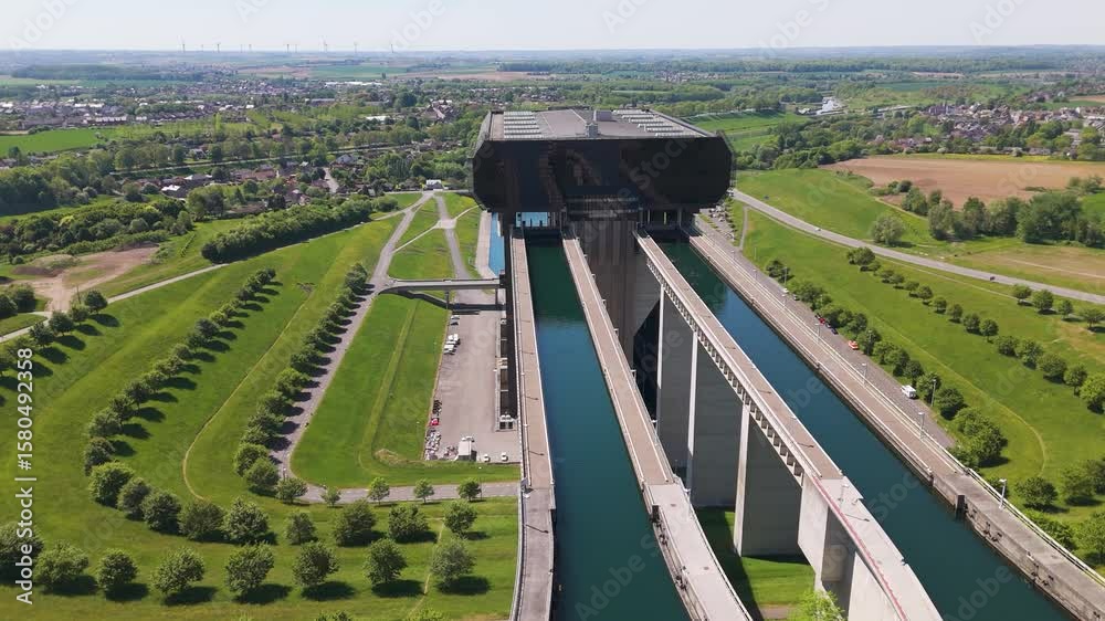 strépy thieu boat lift structure surrounding area le rœulx hainaut belgium right to left side front drone shot strépy-thieu aerial videography view scenic 