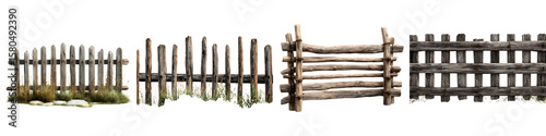 Old wooden fence on white background. Rustic farm style barrier texture for rural scene design.