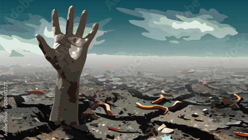 Hand reaching out from cracked earth with worms and debris under a cloudy sky in a desolate landscape