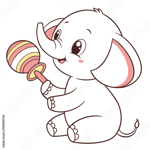 A cute baby elephant holding a rattle