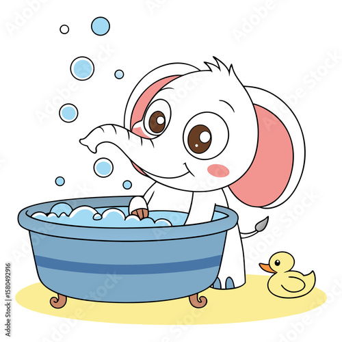 A cute baby elephant taking a bath with a duck