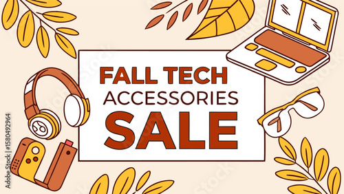 Illustration of fall tech accessories sale with laptop, headphones, glasses, and autumn leaves design