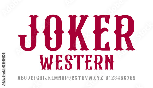 Jocker font. Alphabet an western lettering style in dark red tones vector illustration