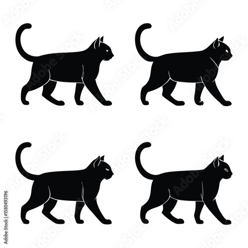 Four black cats walking silhouettes