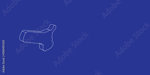 The outline of a large angle grinder symbol made of white lines on the left. 3D view of the object in perspective. Vector illustration on indigo background