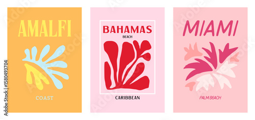 Retro Print Vintage Amalfi Preppy Wall Art, Bahamas and Miami Poster Set, Summer Vector Illustration Aesthetic Cutout Shapes Colorful Irregular Paper Cut Collage Mid Century Interior Design