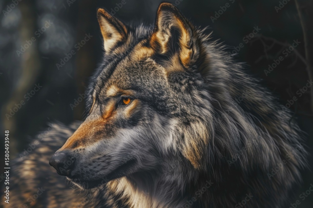 Fototapeta premium Wolf with intense orange eyes looking towards something in a dense forest