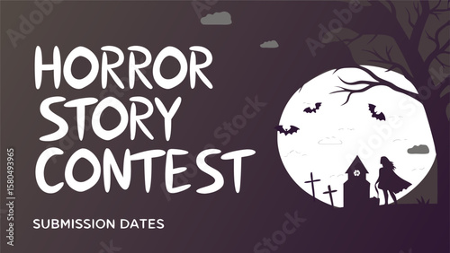 Horror story contest poster with a spooky graveyard scene under a full moon and flying bats in the night sky