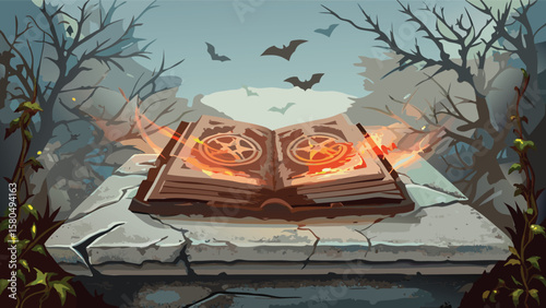 An open spellbook with glowing symbols on a stone altar in a spooky forest with bats flying above