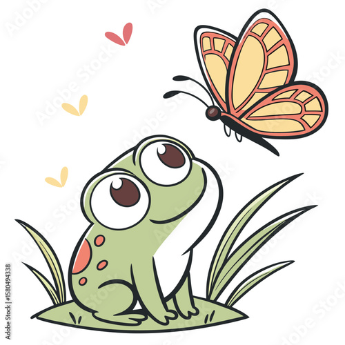 A cute frog looks up at a butterfly in the grass vector