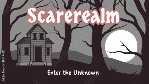 Illustration of a haunted house in a forest with a full moon and the text scarerealm above it alluding to horror