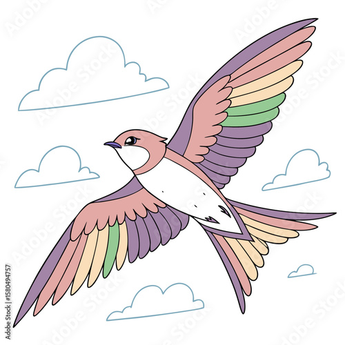 A colorful swallow bird flying through the sky with clouds vector