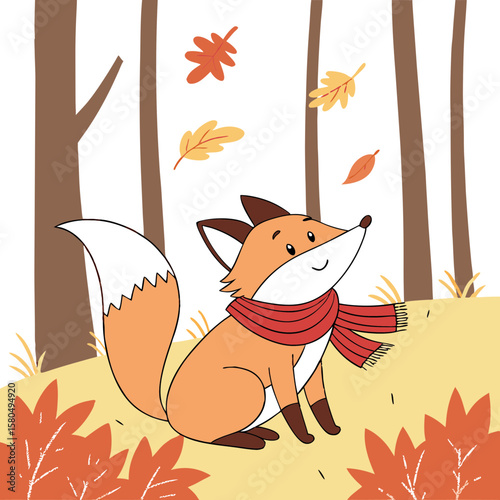 A cute fox in a red scarf in an autumn forest with falling leaves vector