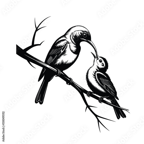 Black and white vector illustration of a sunbird parent touching beaks with baby on slender branch, showing warmth and nurturing bond