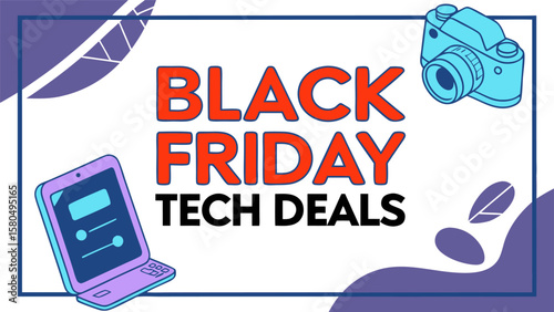 Black friday tech deals advertisement featuring a camera and a laptop on a white background with leaves