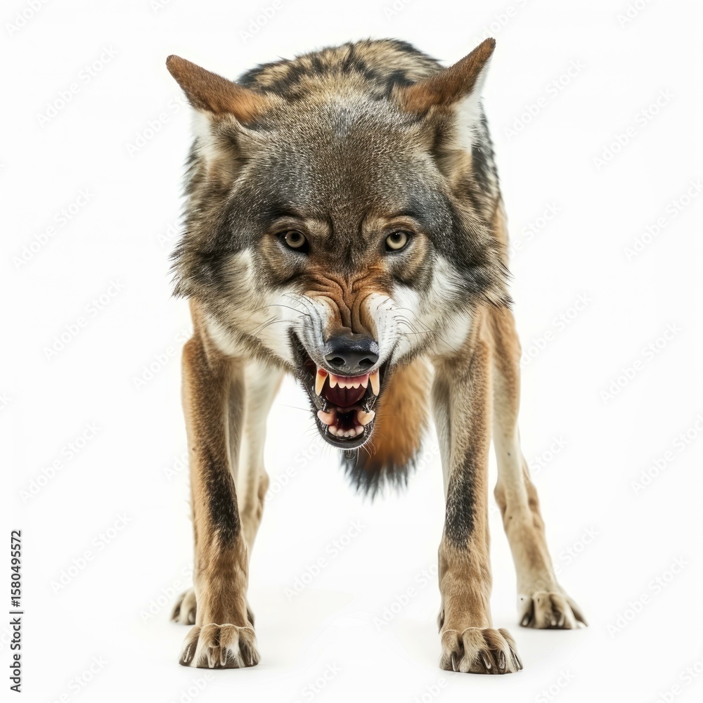 Obraz premium Eurasian wolf showing teeth and snarling aggressively on white background
