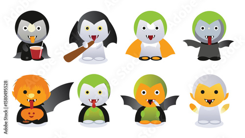 Collection of eight cartoon vampire characters in various poses and color schemes shown together