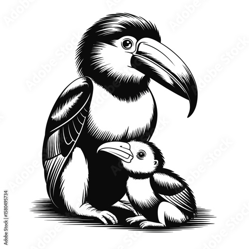 Black and white vector illustration of aracari mother and baby sitting closely on a branch