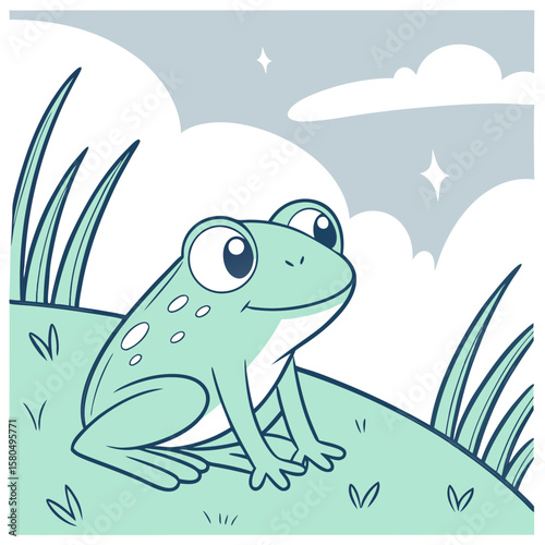 A happy green frog sitting on a grassy hill with clouds vector