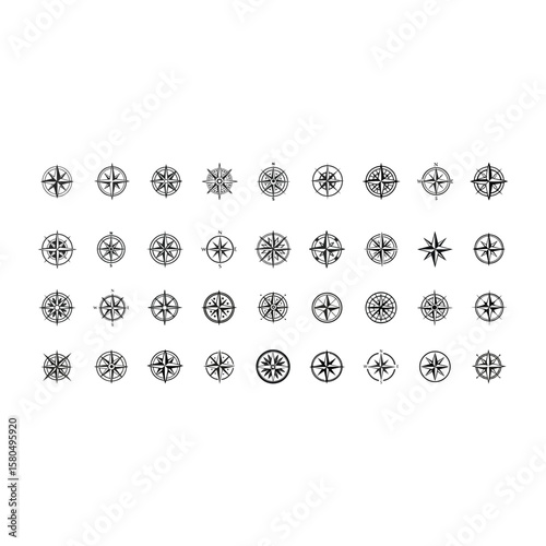 Nautical compass navigation icons set. Perfect for marine, sailing, travel themes. 24 black symbols isolated on white background. From simple arrows to complex geometric patterns, find your direction.