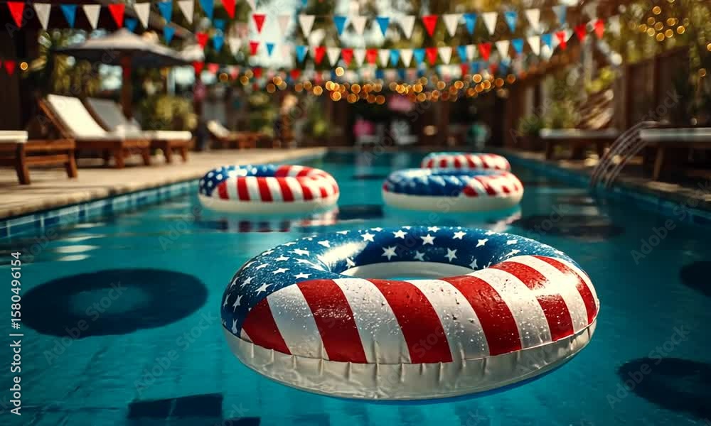 Pool scene with American flag floats, festive decorations, and bokeh lights. Relaxing summer vacation, recreation