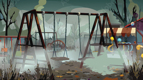 View of a playground with swings and other play equipment in a misty and slightly spooky environment