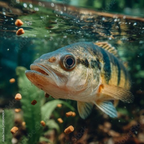 Close-Up of a Freshwater Fish Feeding Underwater