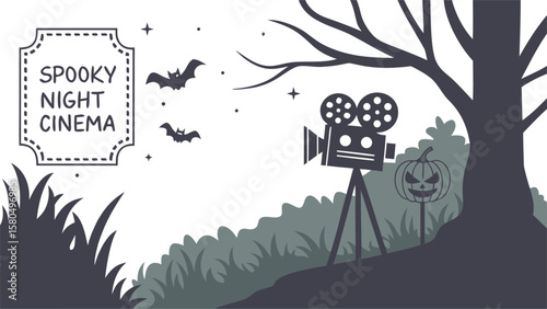 Illustration of a spooky night outdoor cinema scene with bats, ghost, camera, and stars in black and white