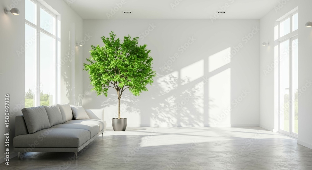 Fototapeta premium Elegant Sunlit Room: Minimalist Interior with Green Tree and Modern Sofa