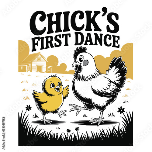 Black and white vector illustration of fluffy chick joyfully mimicking parent hen’s dance moves in playful farm scene