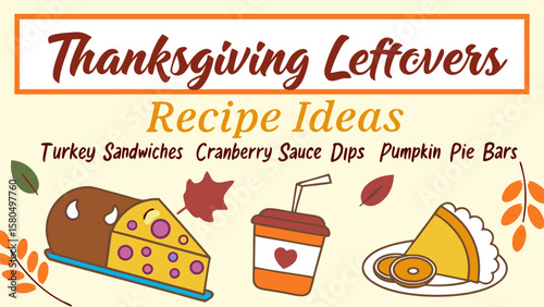 Illustration of leftover food menu items including turkey, stuffing, casserole, sandwiches and soups design