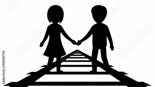 Silhouette of a boy and girl holding hands standing on a railway track in a black and white illustration
