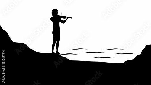 Silhouette of a violinist playing on a cliff overlooking water in a black and white landscape scene view