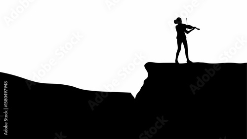 Silhouette of woman playing violin on cliff edge against white background in monochrome landscape view