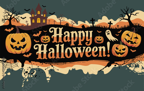 Wallpaper Mural Halloween town silhouette with pumpkins, flying bats, cemetery, castle, and haunted houses on spooky background

 Torontodigital.ca