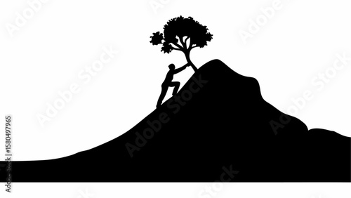 Silhouette of a person climbing a mountain and holding onto a tree at the top of the mountain peak