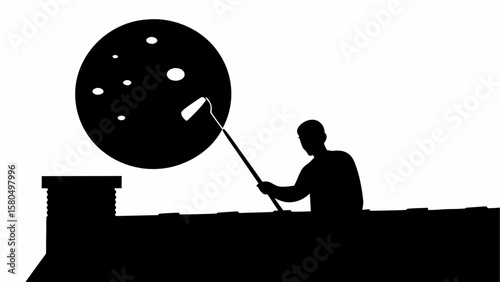 Silhouette of a man painting a large black circle with white spots on a rooftop with a chimney
