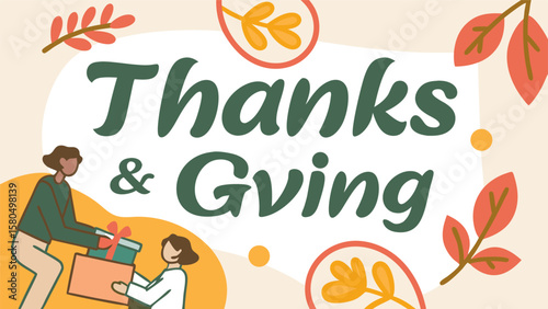 Happy thanksgiving and giving illustration with people exchanging gifts and autumn leaves symbolizing gratitude and generosity during the holiday season