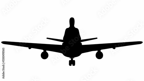 Silhouette of a passenger airplane with visible wings and landing gear viewed from the front position