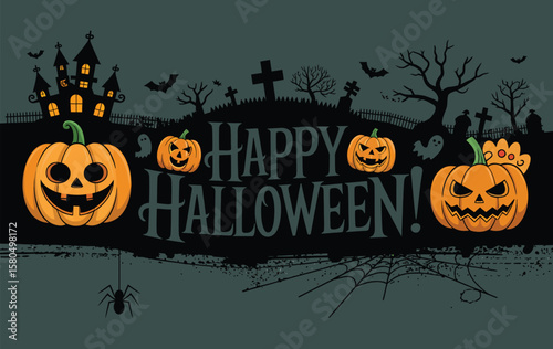 Wallpaper Mural Halloween town silhouette with pumpkins, flying bats, cemetery, castle, and haunted houses on spooky background

 Torontodigital.ca